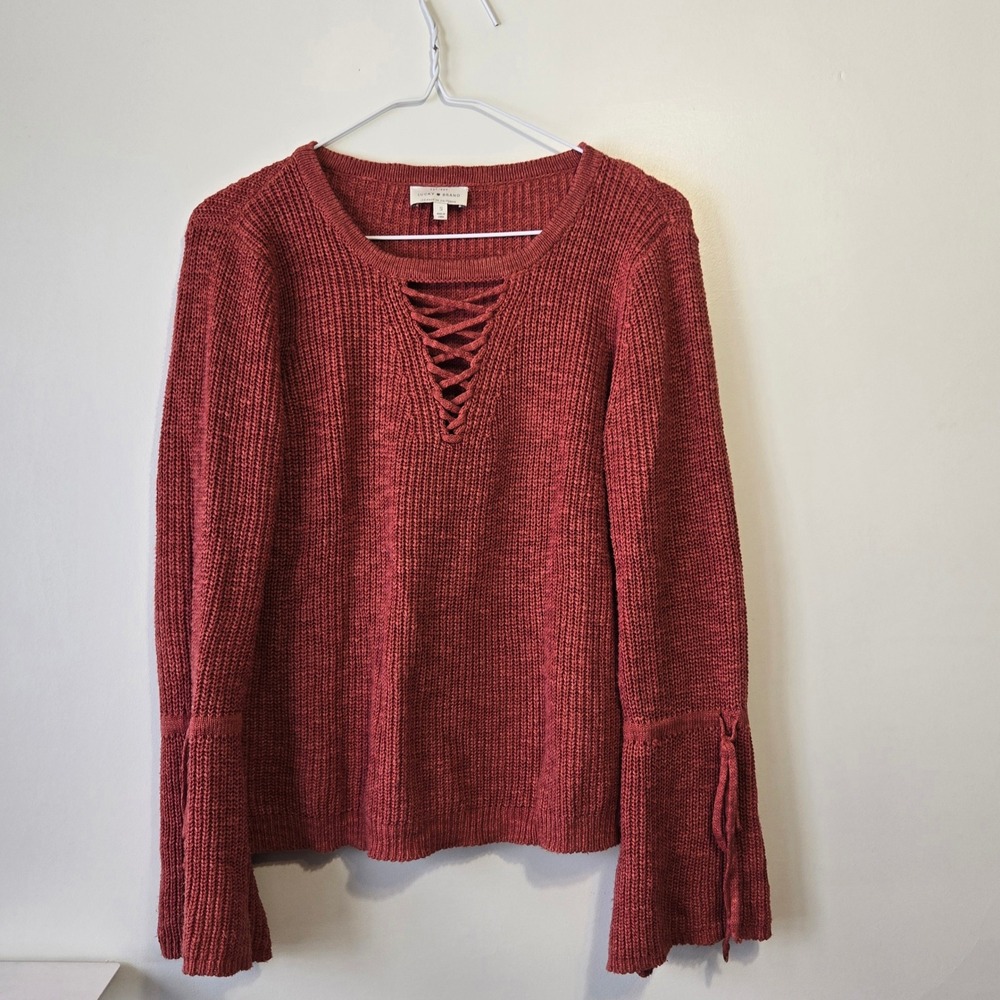 Lucky Brand Rusty Red Lace Up V Neck Bell Sleeve Knit Sweater Size Small